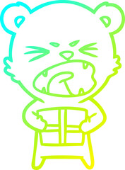 cold gradient line drawing angry cartoon bear with present