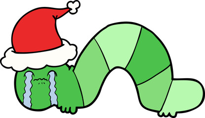 line drawing of a caterpillar obsessing over his regrets wearing santa hat