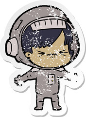 distressed sticker of a cartoon astronaut woman