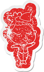 cartoon distressed sticker of a calm woman wearing santa hat