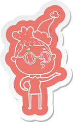 cartoon  sticker of a woman wearing glasses wearing santa hat