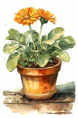 Botanical Watercolor Illustration of Calendula in Pot. Generative AI