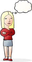 cartoon woman with folded arms with thought bubble