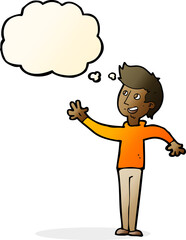 cartoon man waving with thought bubble