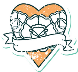 distressed sticker tattoo style icon of a heart and banner with flowers