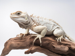 Obraz premium Studio portrait of white iguana on a tree branch. isolated on white background. ai generative