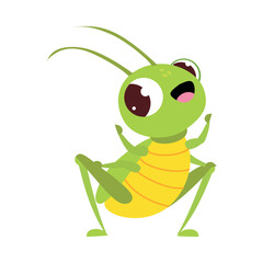 Cute funny big eyed green grasshopper cartoon vector illustration on white background