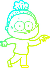 cold gradient line drawing cartoon happy old woman