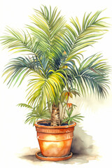 Botanical Watercolor Illustration of Canary Island Palm in Pot. Generative AI