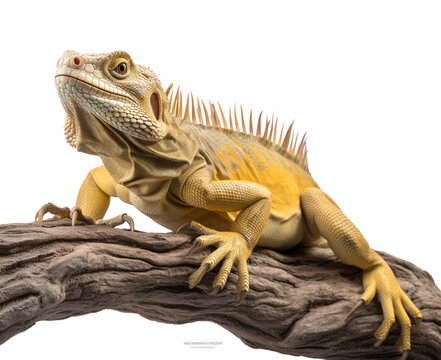 Studio portrait of a yellow iguana on a tree branch. isolated on white background. ai generative