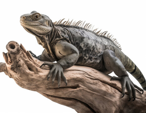 Studio portrait of black iguana on a tree branch. isolated on white background. ai generative