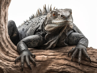 Obraz premium Studio portrait of black iguana on a tree branch. isolated on white background. ai generative