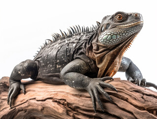Obraz premium Studio portrait of black iguana on a tree branch. isolated on white background. ai generative