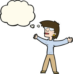 cartoon woman wearing glasses with thought bubble