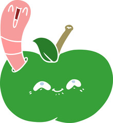 flat color style cartoon worm in happy apple