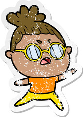 distressed sticker of a cartoon annoyed woman