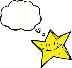 cartoon happy star character with thought bubble