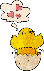 cute hatching chick cartoon and thought bubble in grunge texture pattern style