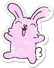 distressed sticker of a quirky hand drawn cartoon rabbit