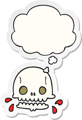 cartoon spooky skull and thought bubble as a printed sticker