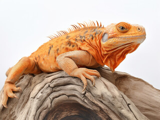 Obraz premium Studio portrait of an orange iguana on a tree branch. isolated on white background. ai generative