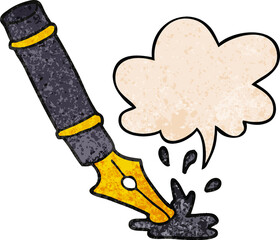 cartoon fountain pen and speech bubble in retro texture style