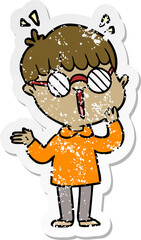 distressed sticker of a cartoon boy realizing something amazing