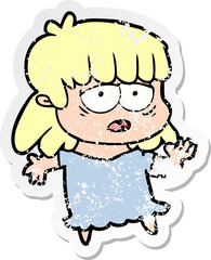 distressed sticker of a cartoon tired woman