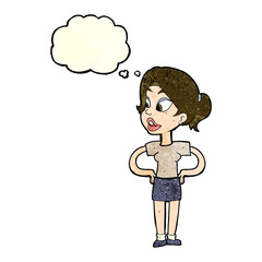 cartoon woman with hands on hips with thought bubble
