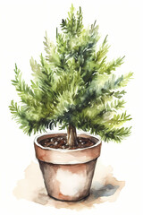 Botanical Watercolor Illustration of Conifer in Pot. Generative AI