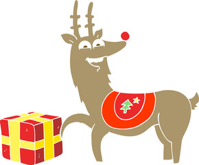 flat color illustration of a cartoon christmas reindeer with present