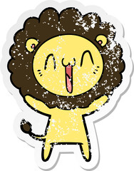 distressed sticker of a happy cartoon lion