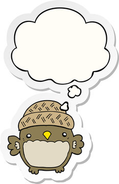 cute cartoon owl in hat and thought bubble as a printed sticker