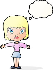 cartoon woman with outstretched arms with thought bubble