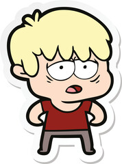 sticker of a cartoon exhausted boy