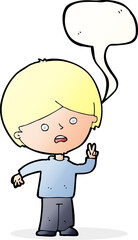 cartoon unhappy boy giving peace sign with speech bubble