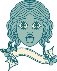 Obraz premium tattoo with banner of female face sticking out tongue