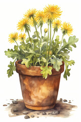Botanical Watercolor Illustration of Dandelion in Pot. Generative AI