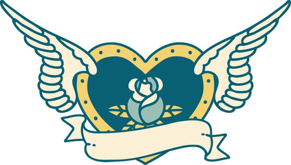 tattoo style icon of a flying heart with flowers and banner