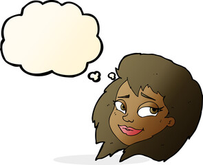 cartoon happy female face with thought bubble