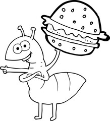 black and white cartoon ant carrying food