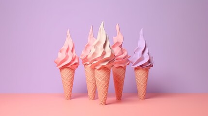 Photorealistic surrealism style ice cream cones displayed on a colour pastel  backdrop, creating an artistic composition. Generative AI