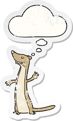 cartoon weasel and thought bubble as a distressed worn sticker