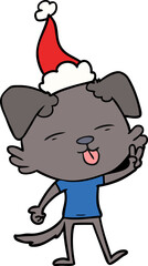 line drawing of a dog sticking out tongue wearing santa hat