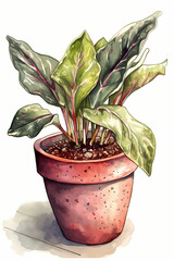 Botanical Watercolor Illustration of Dragon Arum in Pot. Generative AI