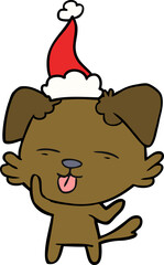 line drawing of a dog sticking out tongue wearing santa hat