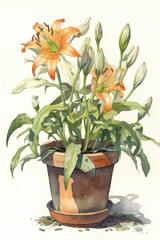 Botanical Watercolor Illustration of Easter Lily in Pot. Generative AI