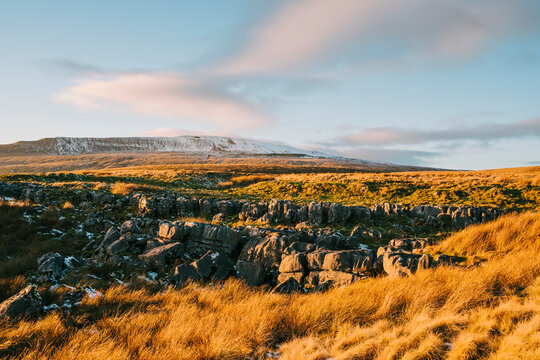 Whernside and limestone pavement at sunset