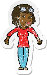 retro distressed sticker of a cartoon woman wearing goggles