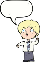 cartoon schoolboy answering question with speech bubble
